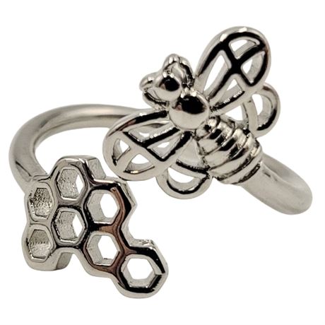 Silver Tone Bee and Honeycomb Ring Size 8