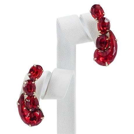 Vintage Prong Set Red Rhinestone Climber Screwback Earrings