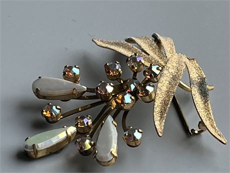 Vintage flower spray rhinestone aurora borealis Signed brooch