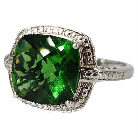 Signed STS Sterling Silver Green Crystal Cocktail Ring, Sz 10