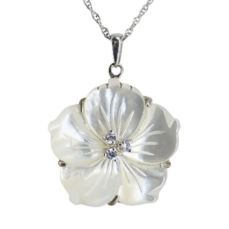 Signed STAUER Sterling Silver Mother of Pearl Hibiscus Flower Pendant Necklace