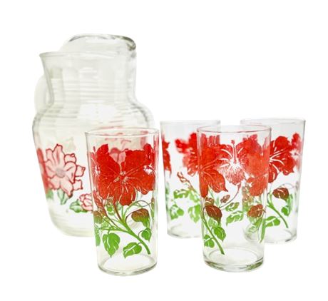 Vtg Floral Glass Pitcher and Tumbler Set