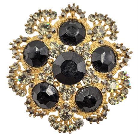 Vintage Gold Tone Rhinestone Sparkly Round Brooch