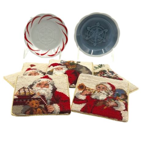 Christmas Needlepoint Coasters & Two Vintage Plates