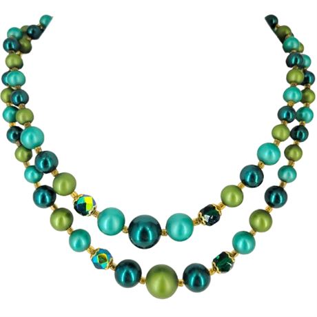 Vintage Green Double Strand Beaded Necklace
