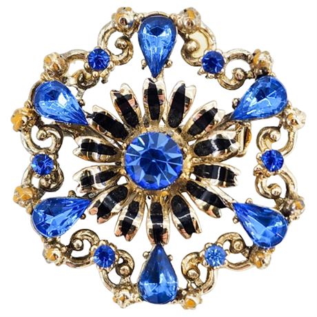 Vtg CORO Blue Rhinestone Flower Burst Brooch