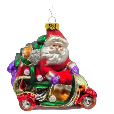 XL Glass "Santa on a Scooter" Ornament