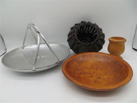 Aluminum Serving Bowl, Basket, Wood Dish & Wood Toothpick Holder