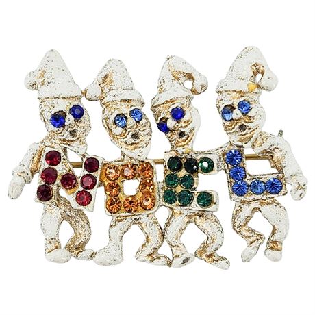 Vintage Dodds Rhinestone NOEL Elves Brooch
