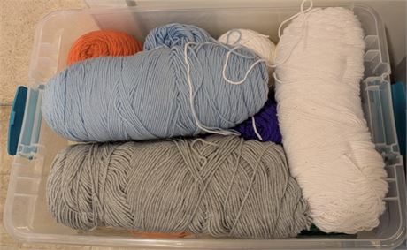 Lot yarn - Blue, Gray, White, etc. w/Storage Container
