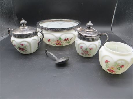 Vintage Inverted Hear Bowl & Cream & Sugar Set w/Pewter Ladle