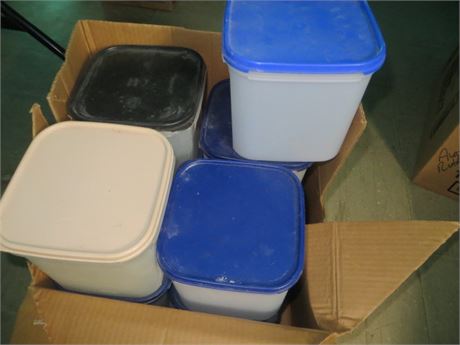 BOX LOT OF USED TUPPERWARE 9 LARGE CONTAINERS