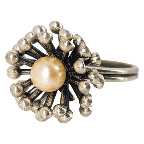 Signed Vintage Beau Sterling Silver Faux Pearl Sputnik Ring, Sz 6.5