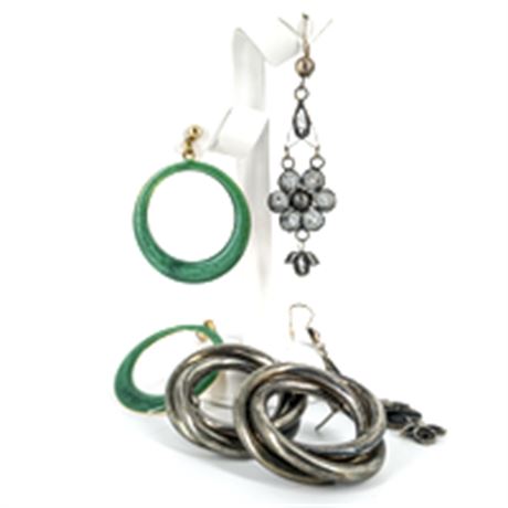 Earring Lot of 3 - Green Resin on Gold-Tone, Wire Flowers, Silver Tone Circular