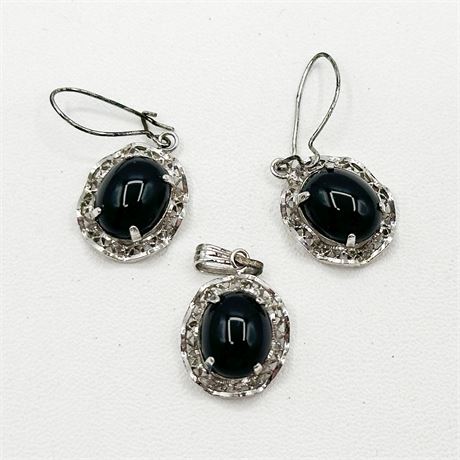 Vintage Sterling Silver & Black Onyx Necklace & Earrings Set