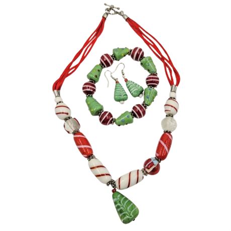 Glass Bead Christmas Tree Necklace, Bracelet and Earring Set