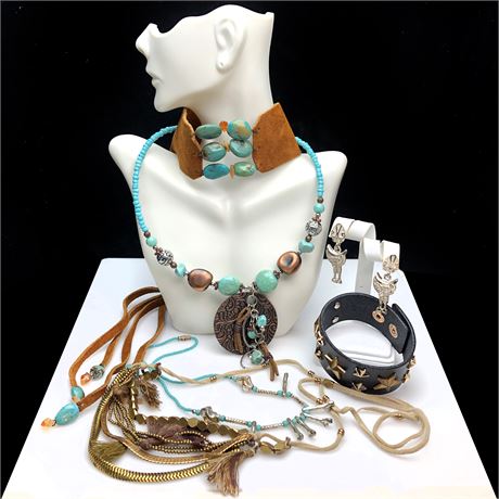 Vintage Southwestern Leather Turquoise Choker & Faux Turquoise Jewelry Lot