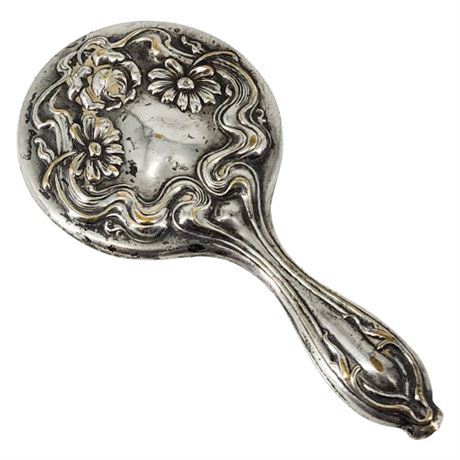 Antique Art Nouveau Child's Silver Plate Vanity Hand Mirror