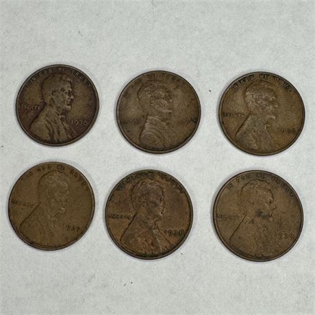 Six (6) 1930s Wheat Pennies