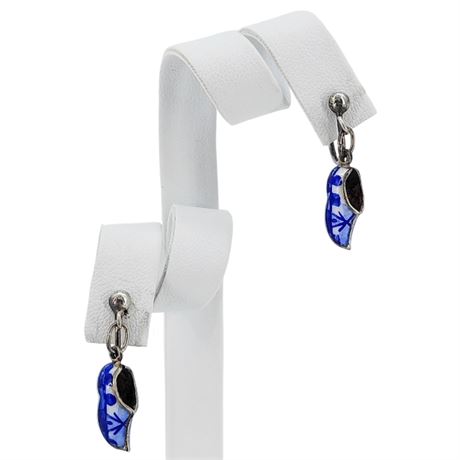 Vintage 800 Silver Enameled Dutch Clogs Screwback Earrings
