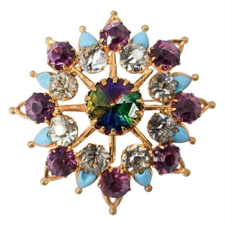 Vintage Prong Set Rhinestone & Enamel Burst Brooch w/ Watermelon Glass Center