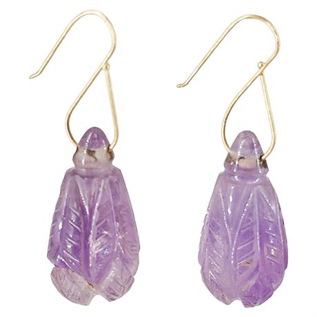 Vintage Carved Amethyst Drop Earrings w/ 14K Gold Wires