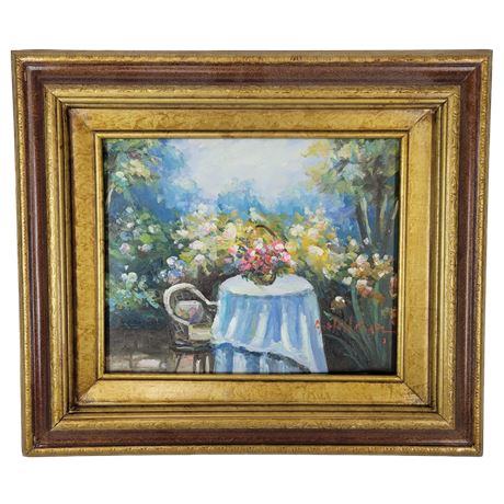 Framed Signed A Hellean Garden Table Oil on Canvas Painting