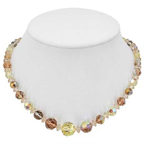 Vtg Faceted Taupe & Yellow Aurora Borealis Crystal Choker Necklace