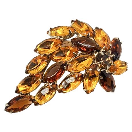 Vintage Prong Set Topaz Rhinestone Navette Swoosh Brooch
