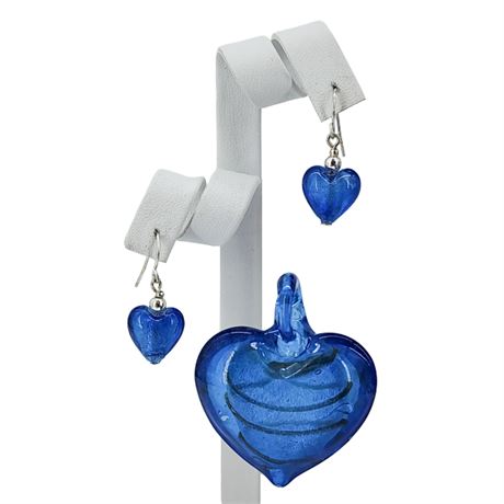 Artisan Made Blue Art Glass Heart Earrings & Pendant Set
