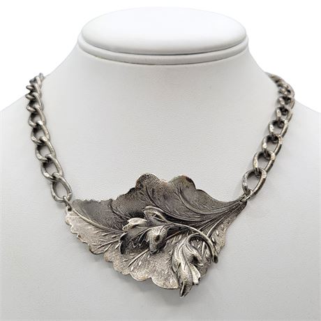 Vintage Silver Tone Chunky Chain Leaf Necklace