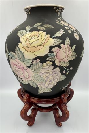 Mid Century Black Matte Bisque Rose Blossom Oriental Vase with Stand