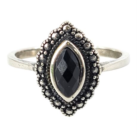 Sterling Silver Black Onyx & Marcasite Ring, Sz 10