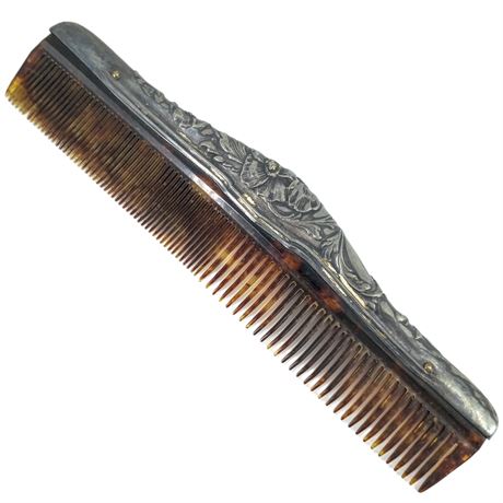 Antique Tortoiseshell Style Comb with Ornate Repoussé Metal Mount