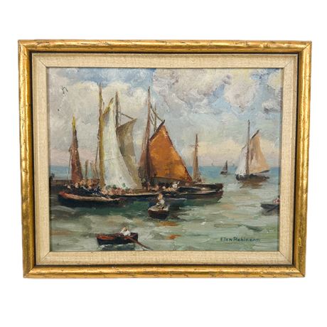 Original Oil on Board Sailboats at Sea by Ellen Robinson