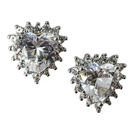 Signed SUN Sterling Silver Lab Created White Sapphire Heart Halo Earrings