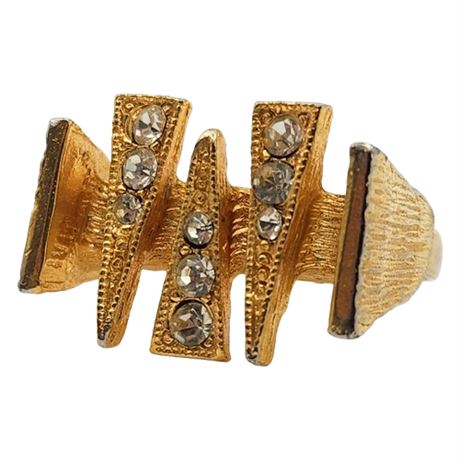 Vintage Gold Tone Rhinestone Brutalist Adjustable Ring