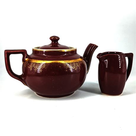 MCM Hall Maroon Teapot with Gold Tone Design and Creamer