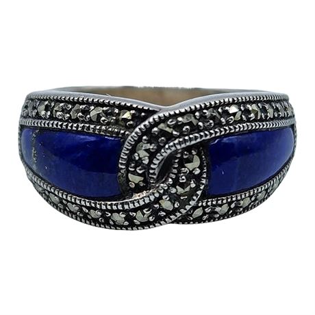 Signed Sterling Silver Lapis Lazuli Marcasite Ring, Sz 10