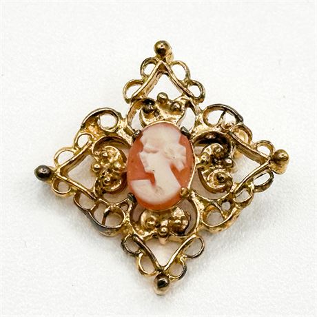 Vintage Wells Sterling Gold Tone Filigree Cameo Brooch