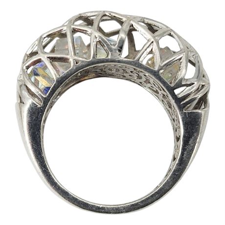 Signed FD Sterling Silver Caged Aurora Borealis Crystals Ring, Sz 7