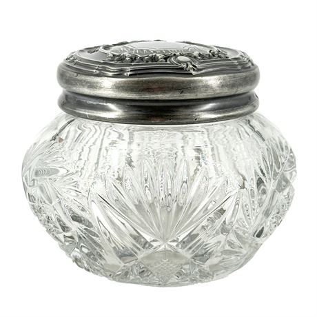 Antique Cut-Glass Dresser or Powder Jar with Silver Lid