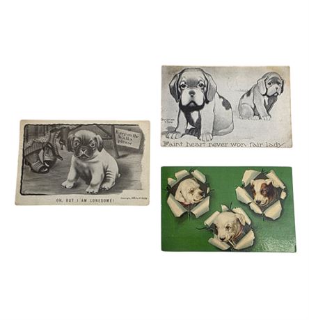Lot of Three Antique Victorian Era Valentines, 1910, Forlorn Dogs