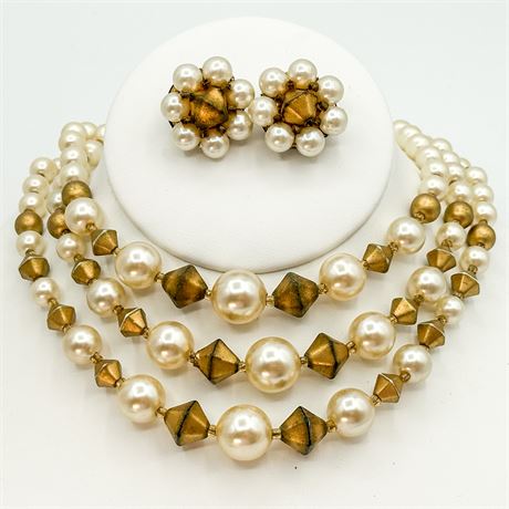 Vintage Gold Tone Hardware, Faceted Beads & Faux Pearl Necklace & Earring Set