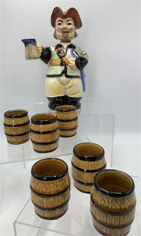 Vintage Nikoniko China Hand Painted  Pirate Liquor Decanter & 6 Keg Cups