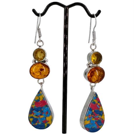 Sterling Silver Amber & Multicolor Composite Drop Earrings