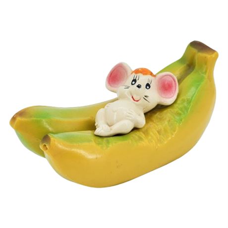 Vintage Kitsch Full Tummy Plastic Mouse on Bananas Coin Bank