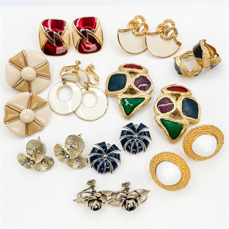 Lot of 10 Pairs Vintage Gold Tone & Enamel Clip-On Earrings