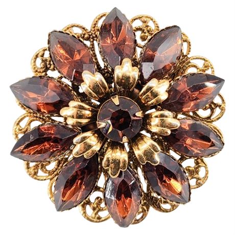 Vintage Topaz Rhinestone Flower Brooch
