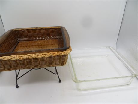 2 Pyrex Square Glass Pans & Wicker Holder w/Stand